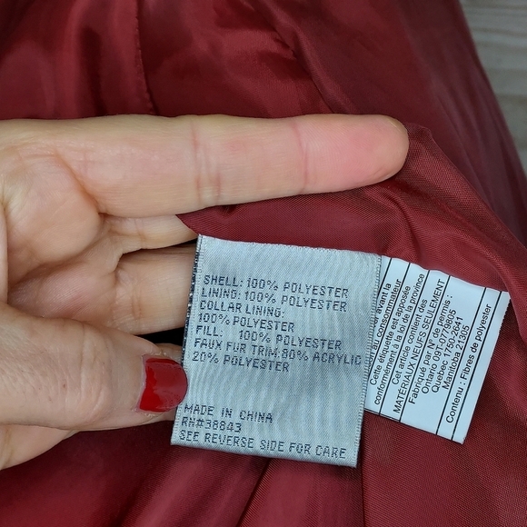 Larry Levine puffer jacket fur trim hood pockets quilted chevron rust red L - Picture 9 of 13